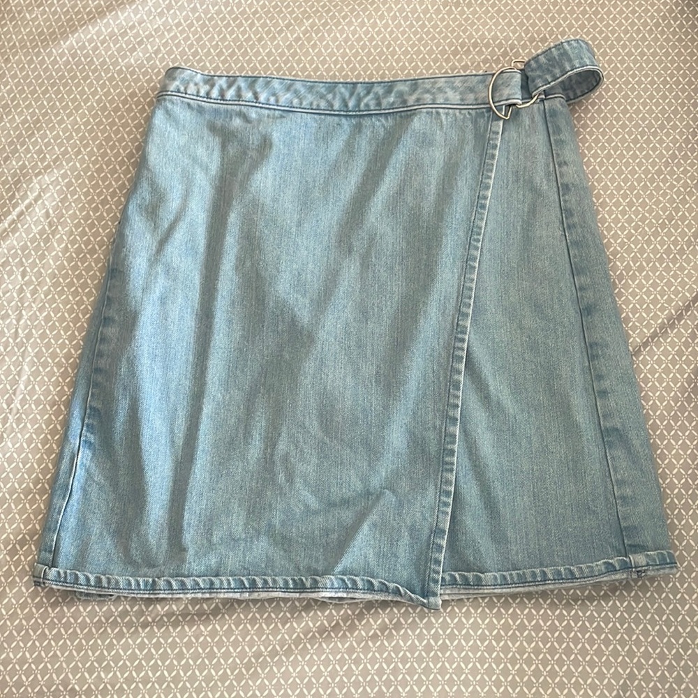 Denim wrap mini skirt with belt and button